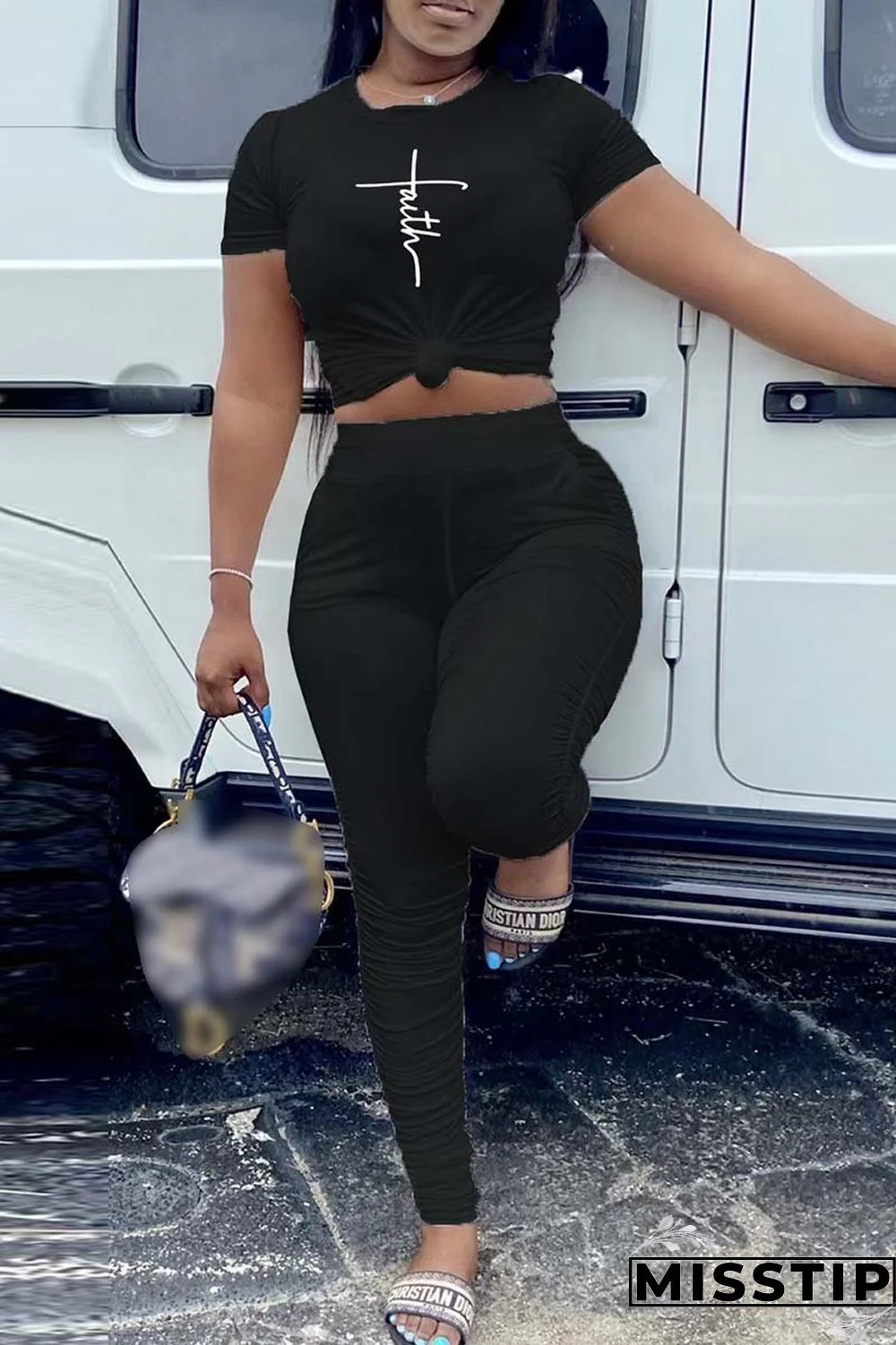 Orange Casual Print Fold O Neck Short Sleeve Two Pieces