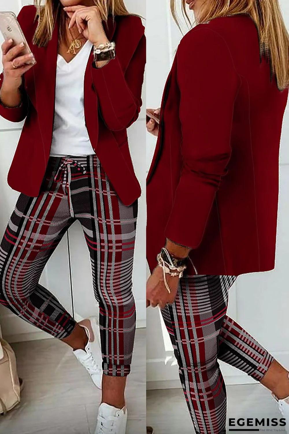 Burgundy Casual Print Patchwork Turndown Collar Long Sleeve Two Pieces | EGEMISS