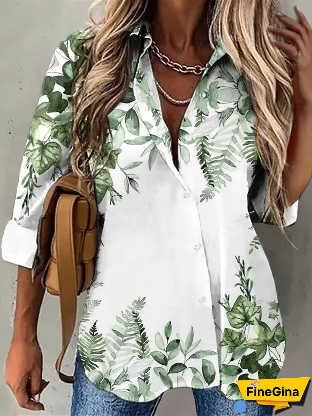 Casual Leaves Long sleeve Shirt Collar Plus Size Printed Blouses