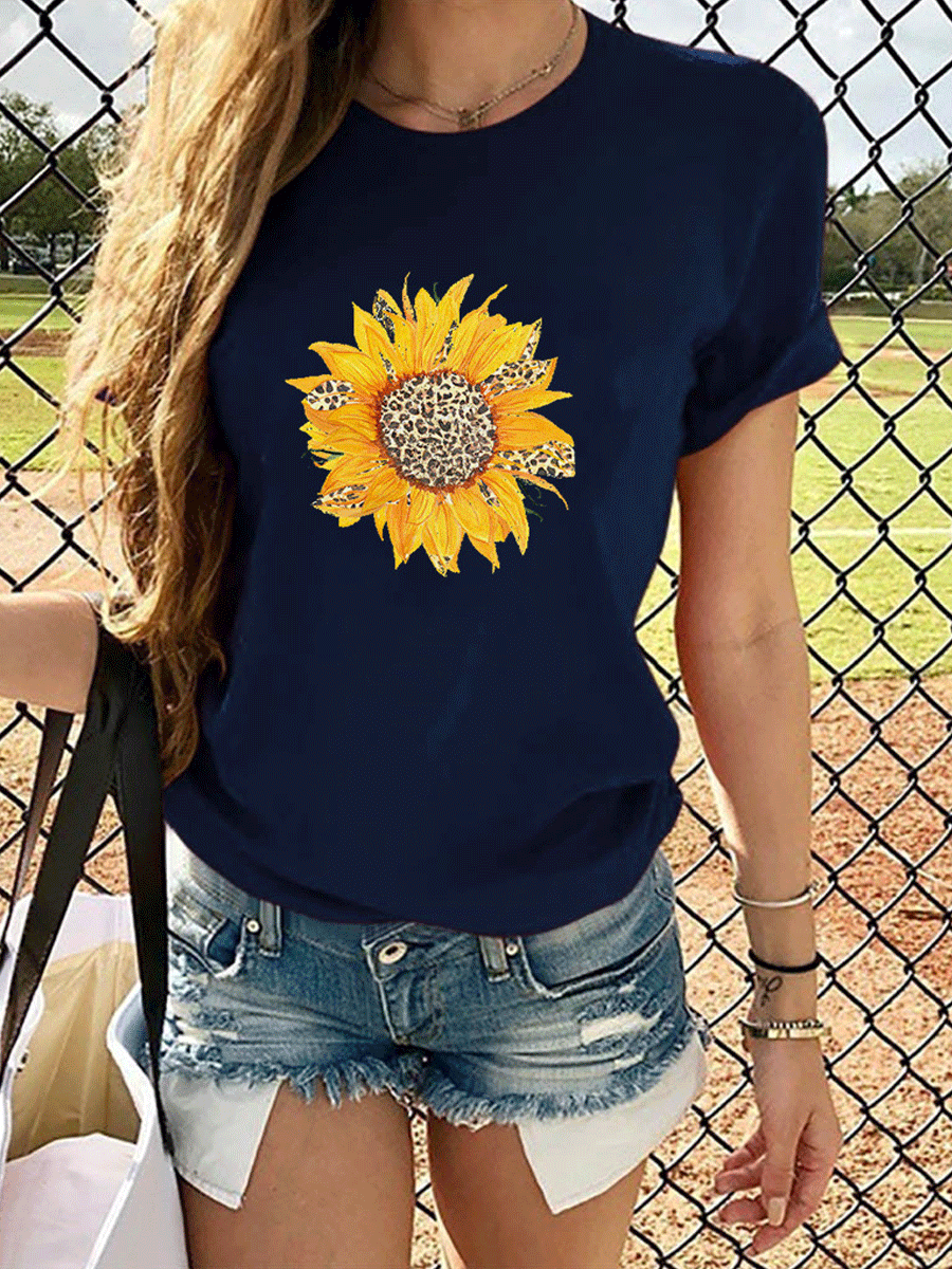 Leopard Sunflower Print Short Sleeve T-shirt