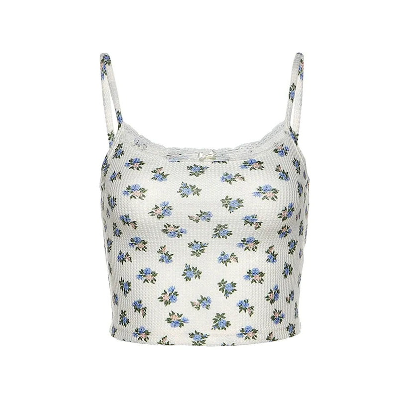 Woman Floral Camisole Y2k Lace Slim Backless Sleeveless Crop Tops Kawaii Korean Fashion Clothes Sweet Aesthetic Camis