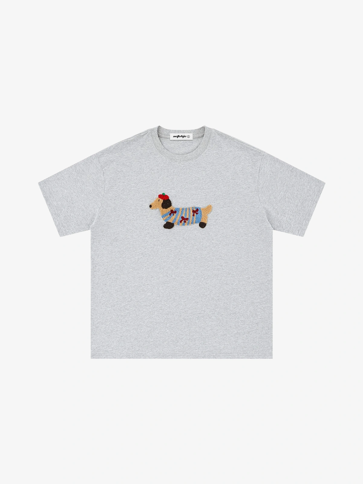Grey Act Chic Cartoon Dachshund Embroidery Oversized Tee Front