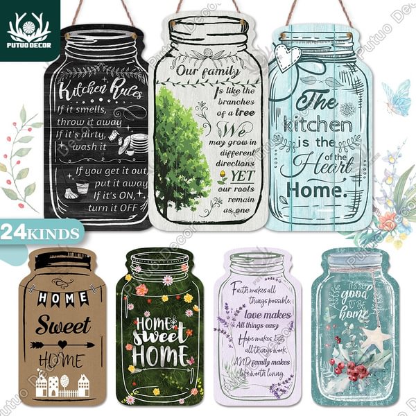 Putuo Decor-Family Mason Jar Shape Plaque Wood Signs for Rustic Kitchen Home Wall Decoration（4.5"×8.3"） - Shop Trendy Women's Fashion | TeeYours