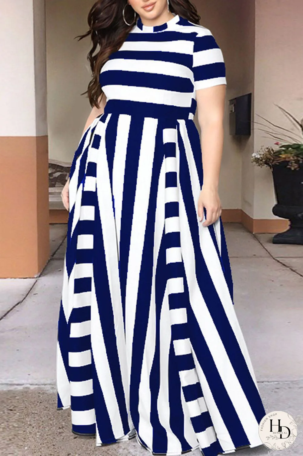 Tibetan Blue Sexy Striped Split Joint O Neck Plus Size