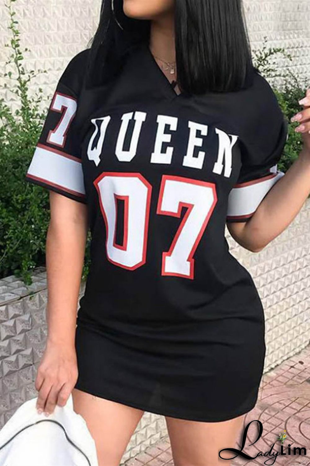 Black Fashion Casual Print Split Joint V Neck Short Sleeve Dress