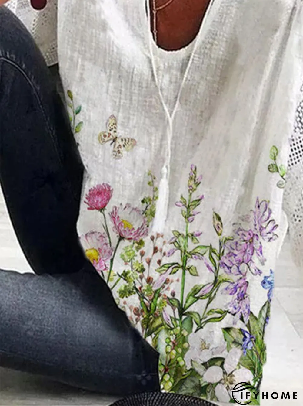 Floral-Print Casual V Neck 3/4 Sleeve T-shirt | IFYHOME