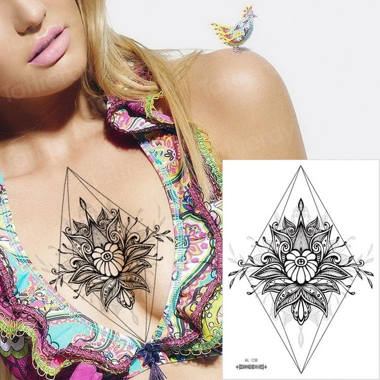Waterproof Temporary Sticker Geometric dragonfly Sternum Tattoo Black Triangle Tattoos Body Arm Fake Tatoo Chains Sternal patch