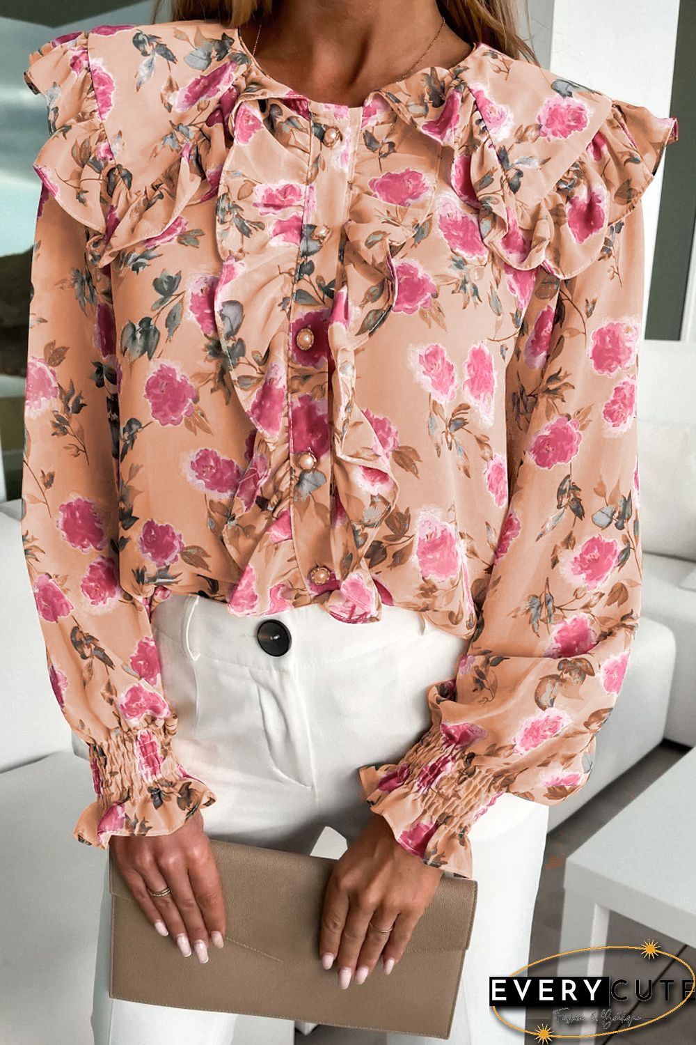 Pink Floral Cape Ruffles Elastic Wrist Shirt