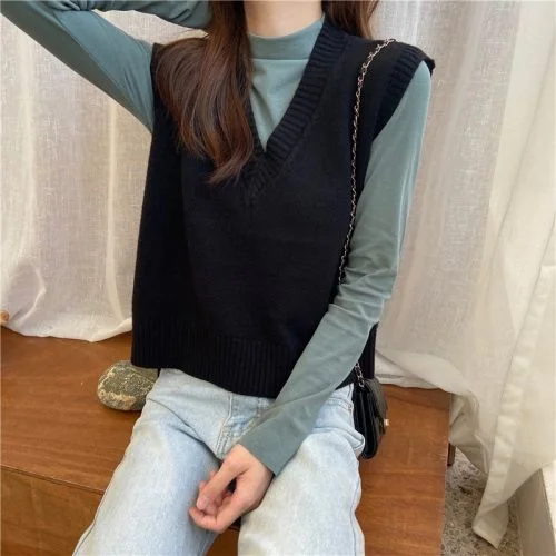 Sweater Vest Women Solid V-neck Spring Autumn Daily Outwear Simple Elegant Office Ladies Casual Fashion Sweaters Streetwear New