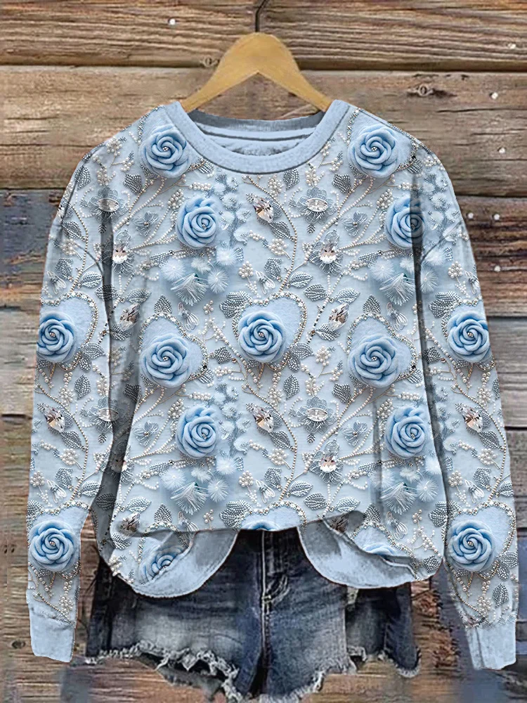 Wearshes Blue Roses Embroidery Art Casual Cozy Sweatshirt