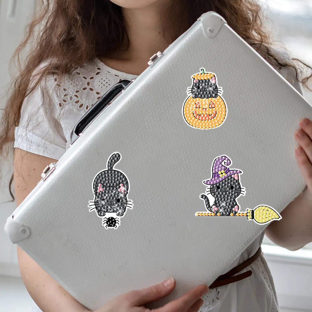 DIY Diamond Painting Sticker Diamond Art Stickers Arts and Crafts Decorative Diamond Stickers for Birthday Party Halloween Christmas Gifts (Kitten Pumpkin)