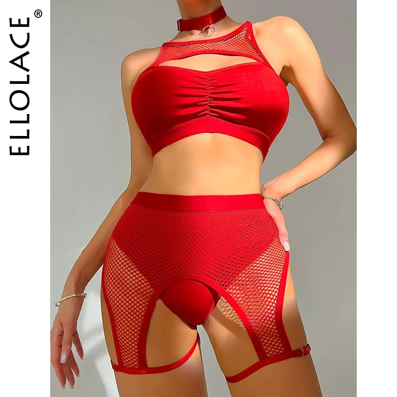 Billionm Ellolace Sexy Female Lingerie Fishing Net Patchwork Women's Underwear 4-Pieces Fancy Intimate Bra And Panty Garters Exotic Sets