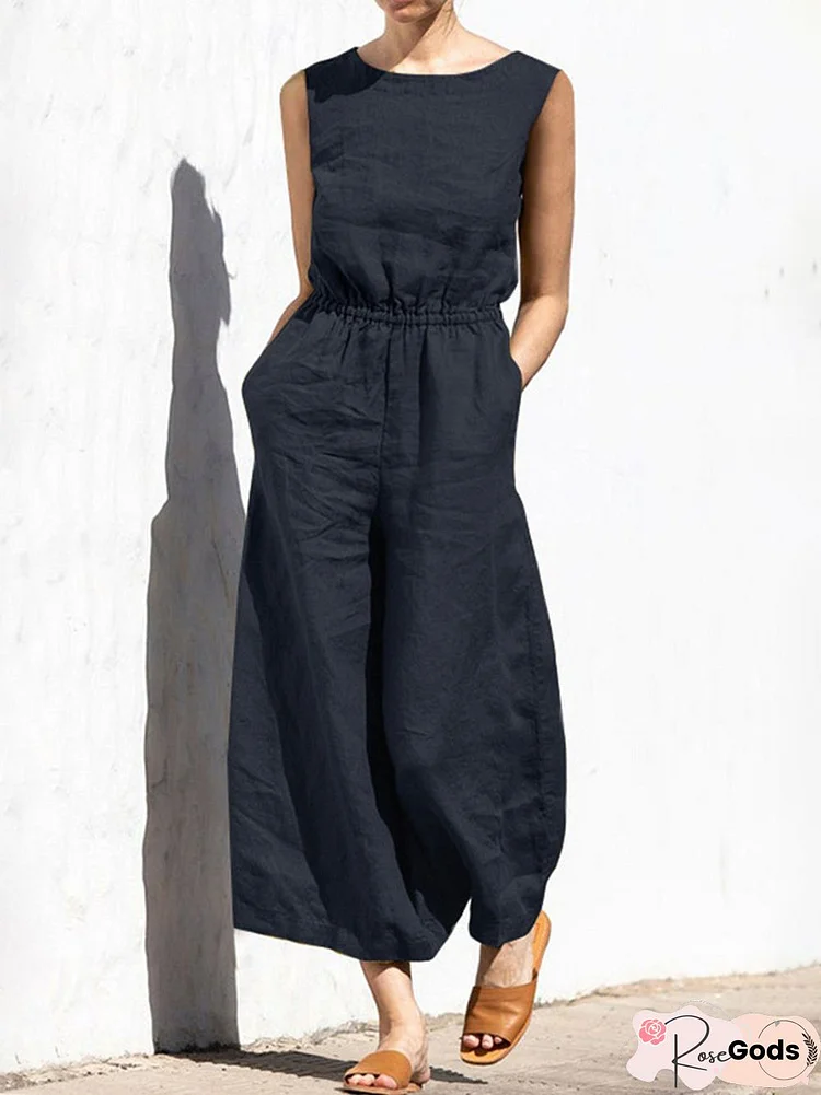 Plain Loose Crew Neck Jumpsuit & Romper