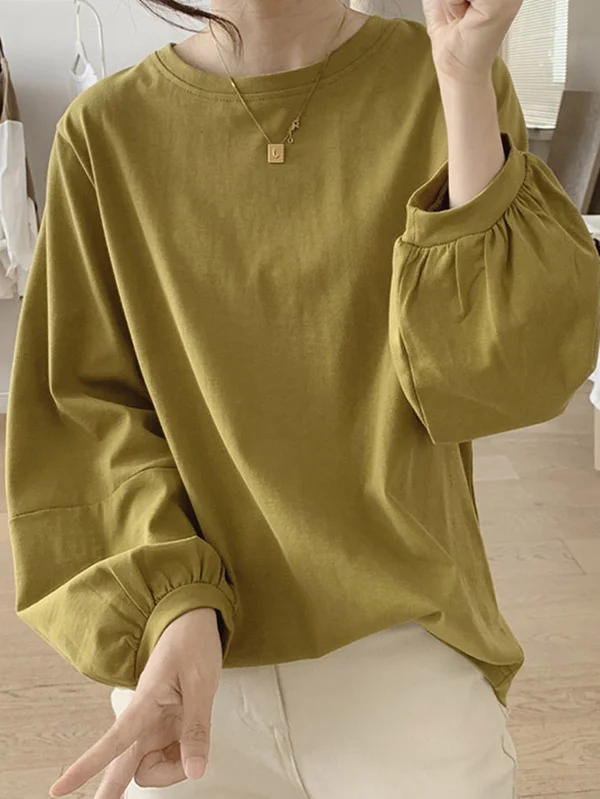 Long Sleeves Loose Pleated Solid Color Round-Neck T-Shirts Tops