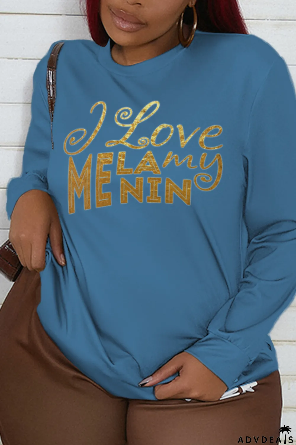 Blue Fashion Street Print Letter O Neck Tops