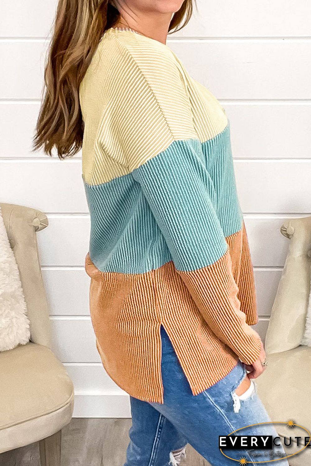 Multicolor Color Block Wavy Ribbed Pullover