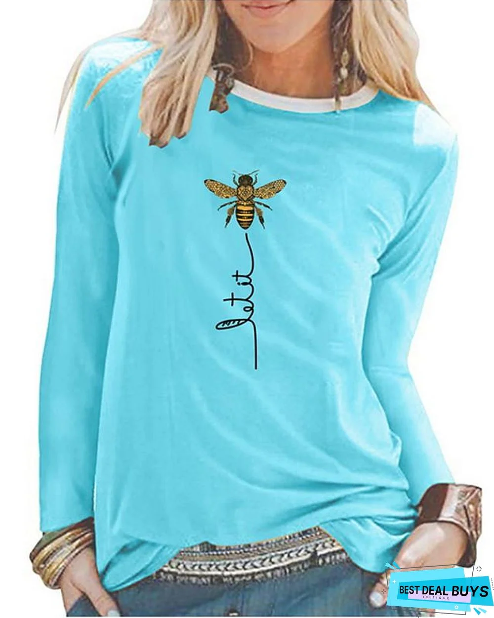 Women's T-shirt Graphic Prints Long Sleeve Round Neck Tops Cotton Basic Top White Black Blue