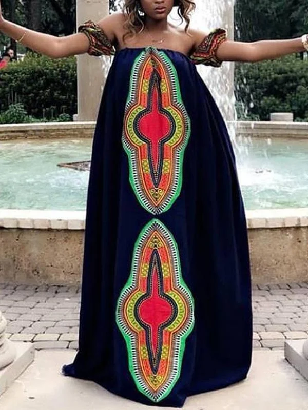 Fashion Printing Off-The-Shoulder Loose Split-Joint Maxi Dress