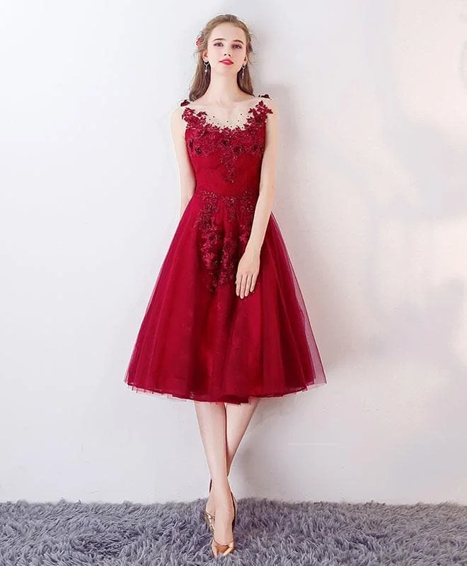 Burgundy Round Neck Tulle Lace Applique Short Prom Dress