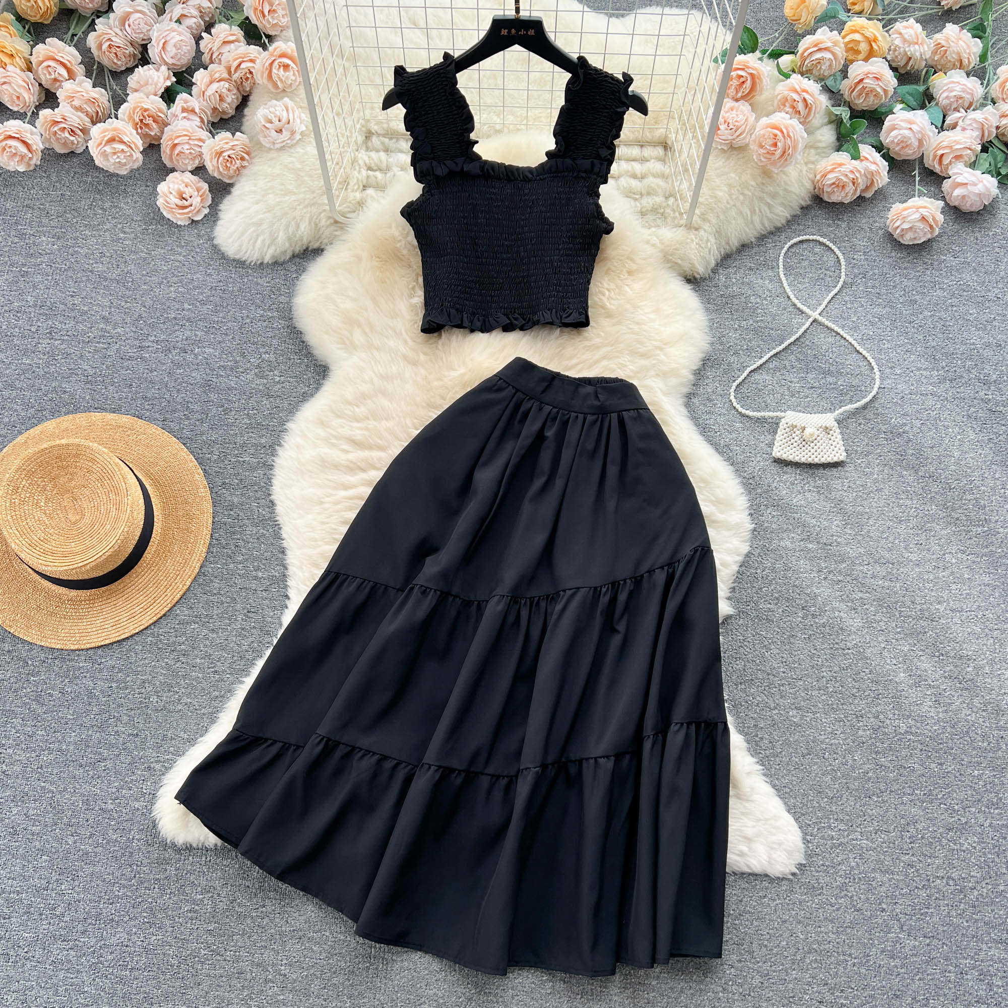 YuooMuoo Chic Women Dress Suits Summer Vacation Style Sleeveless Stretchy Tops + High Waist Long Skirts Lady Outfits