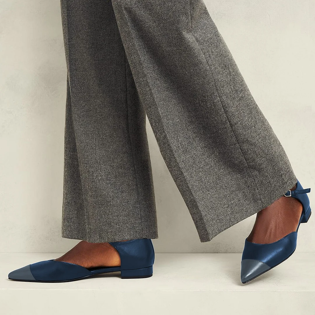 Shiny Blue Vegan Leather Gray Pointed Toe Buckle Strap Flat Pumps