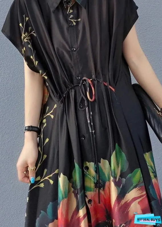 Women Lapel Drawstring Spring Tunic Sleeve Black Print Robe Dresses
