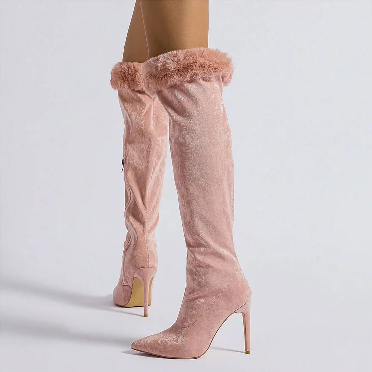 Pink Velvet Pointed Toe Stiletto Heel Women's Knee-high Faux Fur Boots |FSJ Shoes