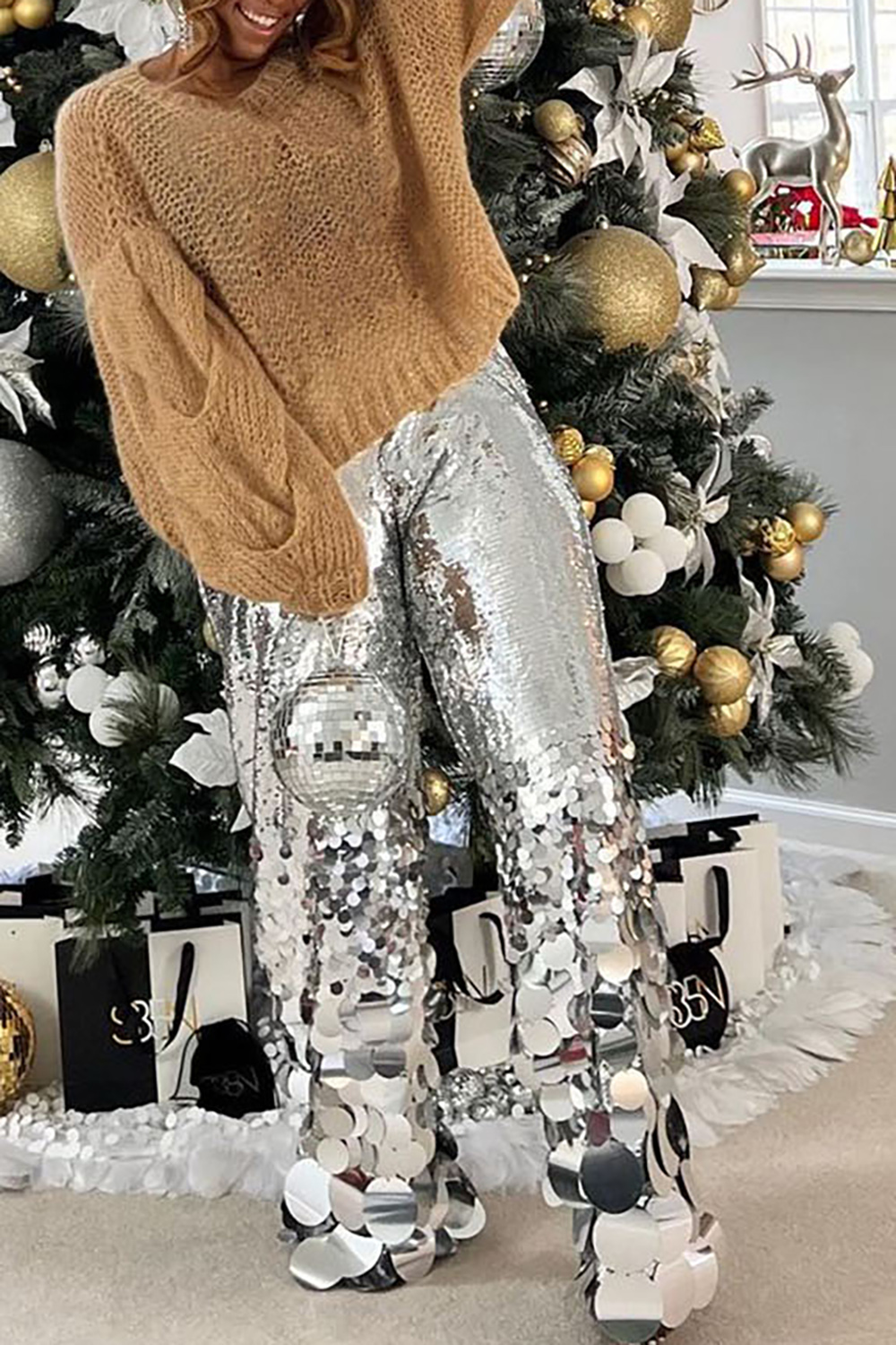 Plus Size Party Pant Silver Straight Leg Asymmetrical Round Sequin Pant