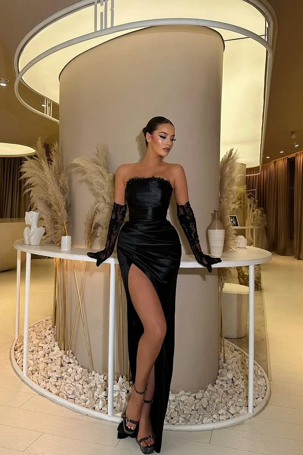 Daisda Black Sleeveless Strapless Square Mermaid Lace Prom Dress With Gloves