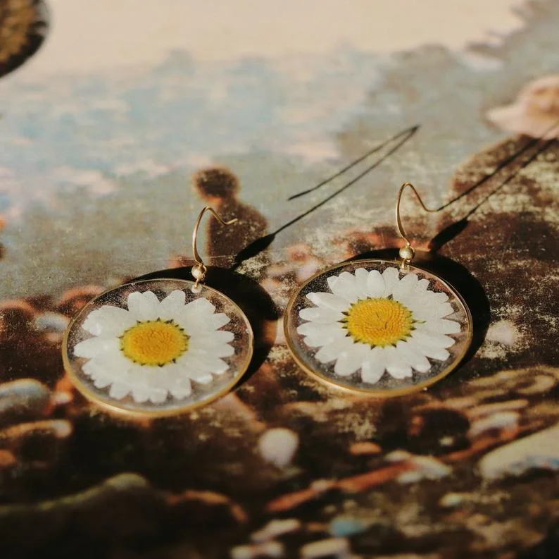 Vintage Round Dried Sunflower Earrings