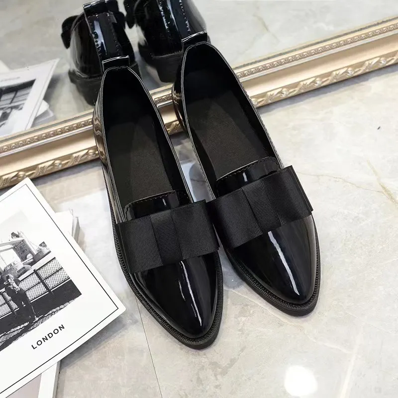 Breakj Breakj Korean Version Of The Bow Tip Casual Low Single Shoes Women's Flat Base Simple Socket Commuting Women's Leather Shoes