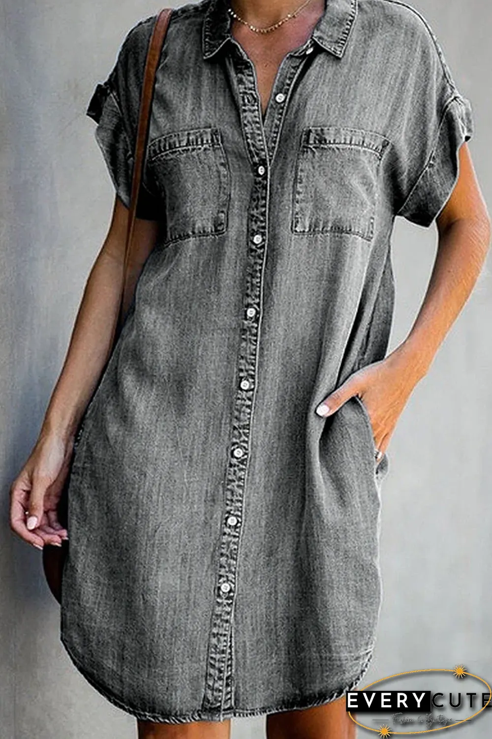 KarliDress Collar Plain Short Sleeve Denim Shirt Dresses P12472