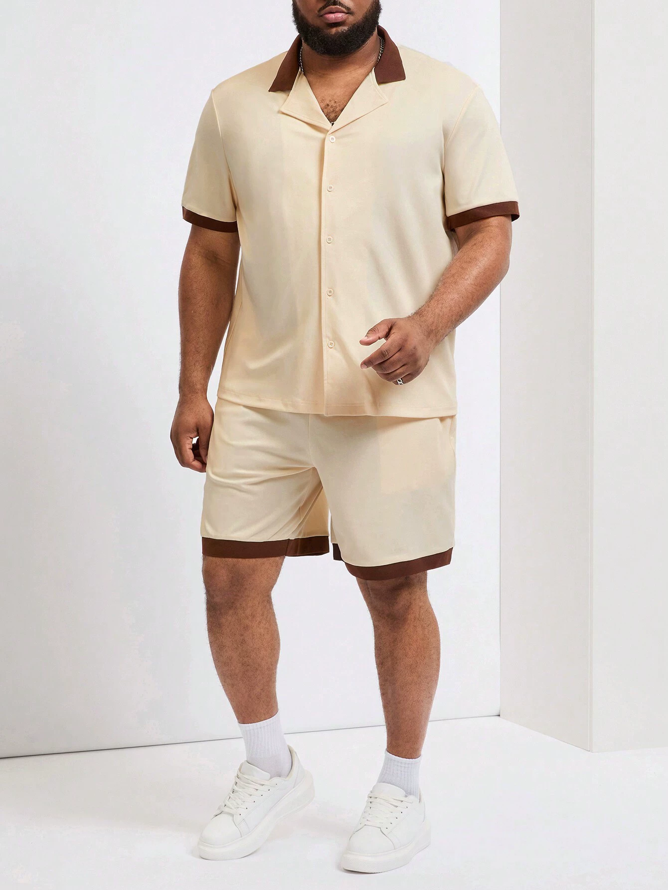 Men's Classic Casual Striped Digital Print Cuban Collar Shirt Shorts Two-Piece Set