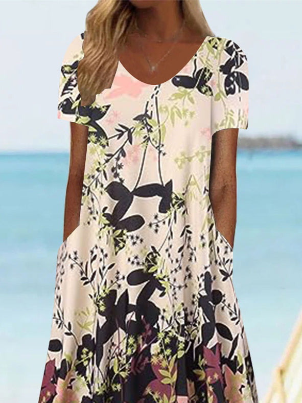 Women's Short Sleeve Scoop Neck Graphic Floral Printed Midi Dress
