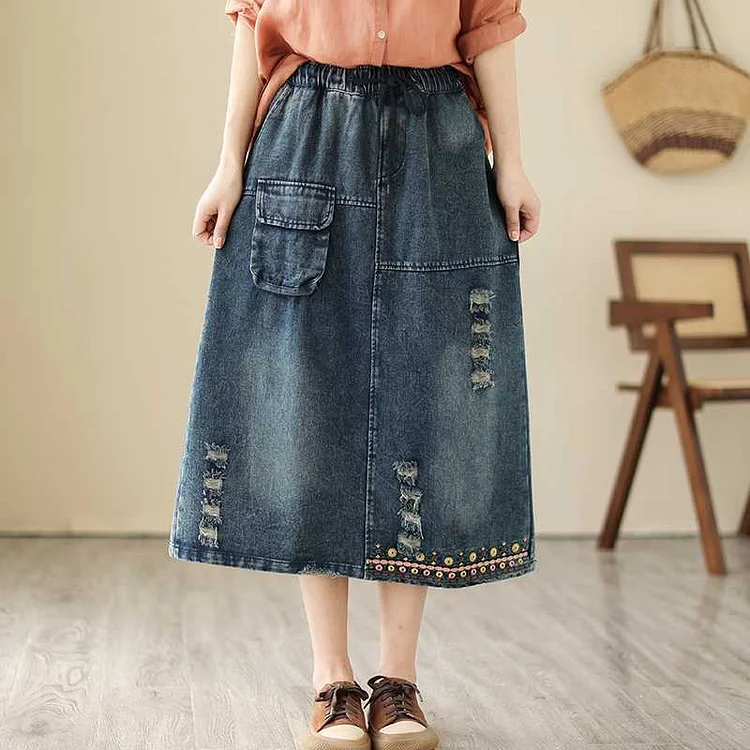 Classic Denim Embroidered Elastic Waist Skirt