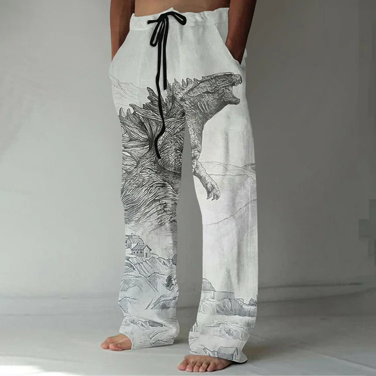 Godzilla Monsters Japanese Art Linen Blend Casual Pants