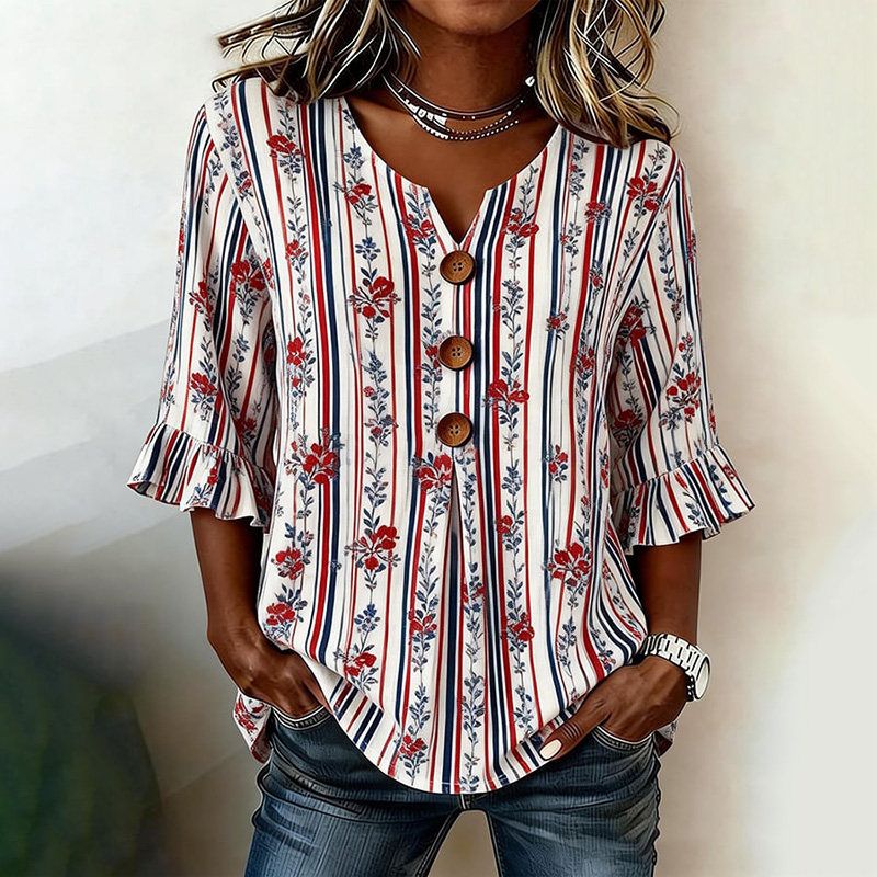  Women's Casual Retro Striped Patriotic Cotton Shirt Westsshops