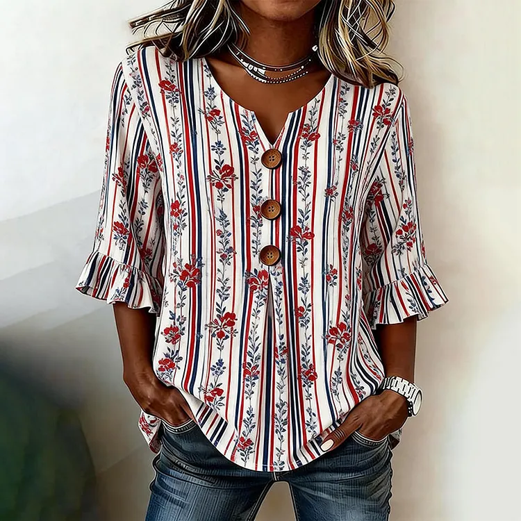 Women's Casual Retro Striped Patriotic Cotton Shirt