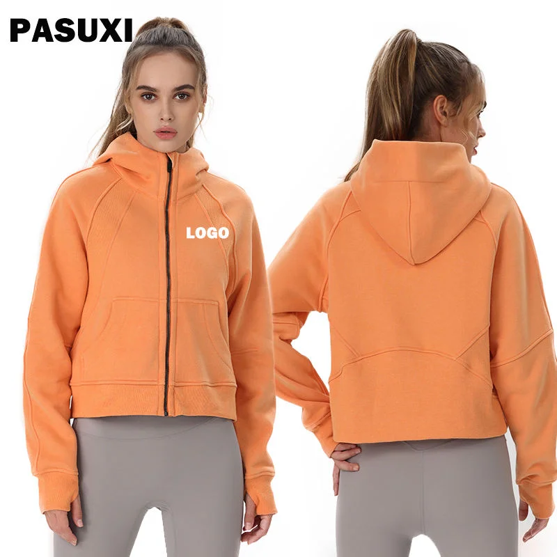 PASUXI Fitness Long Sleeves Sports Zipper Pocket Gym Women Windbreaker Crop Hoodie Plus Size Yoga Top
