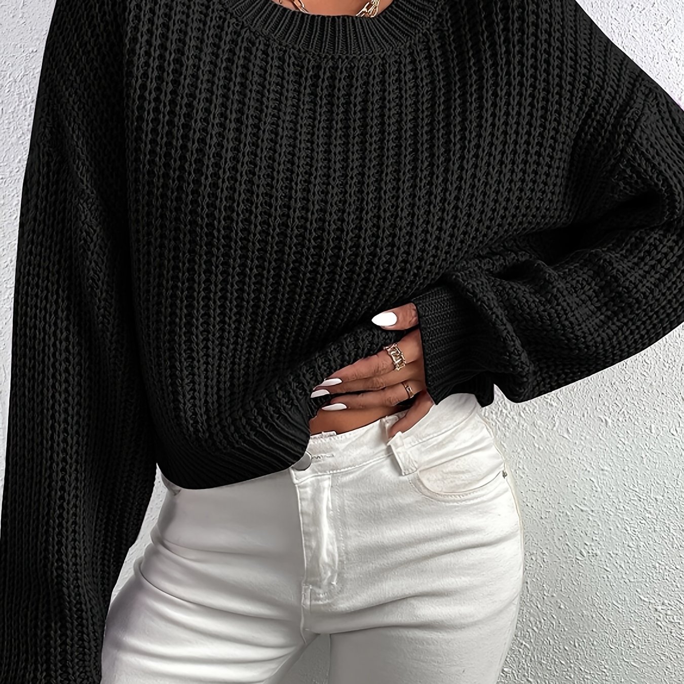 Crew Neck Rib Knit Sweater, Casual Drop Shoulder Oversized Long Sleeve Loose Fall Sweater