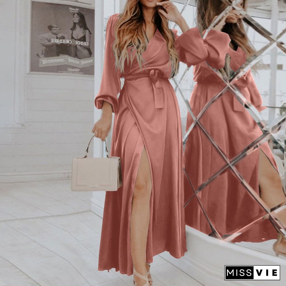 Women Elegant Long Wrap Dress Puff Long Sleeve V Neck Bandage Party Casual Silk Stain Maxi Dress Vestidos