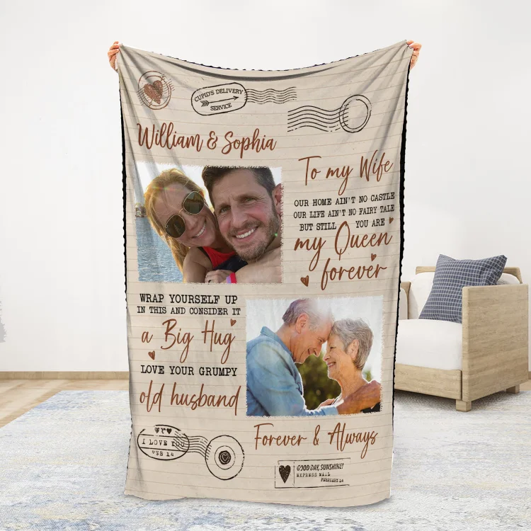 To My Wife Personalized Couple Blanket Engrave Photo Sweet Gift For Her "you are my queen forever"