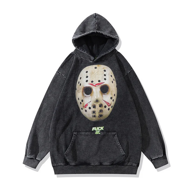 Vintage Washed Hoodie Hip Hop Mask Print Casual Hoodie at Hiphopee