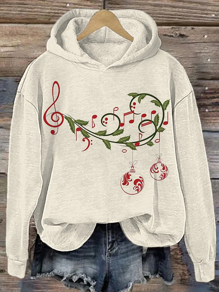 Christmas Music Notes Print Casual Cozy Hoodie