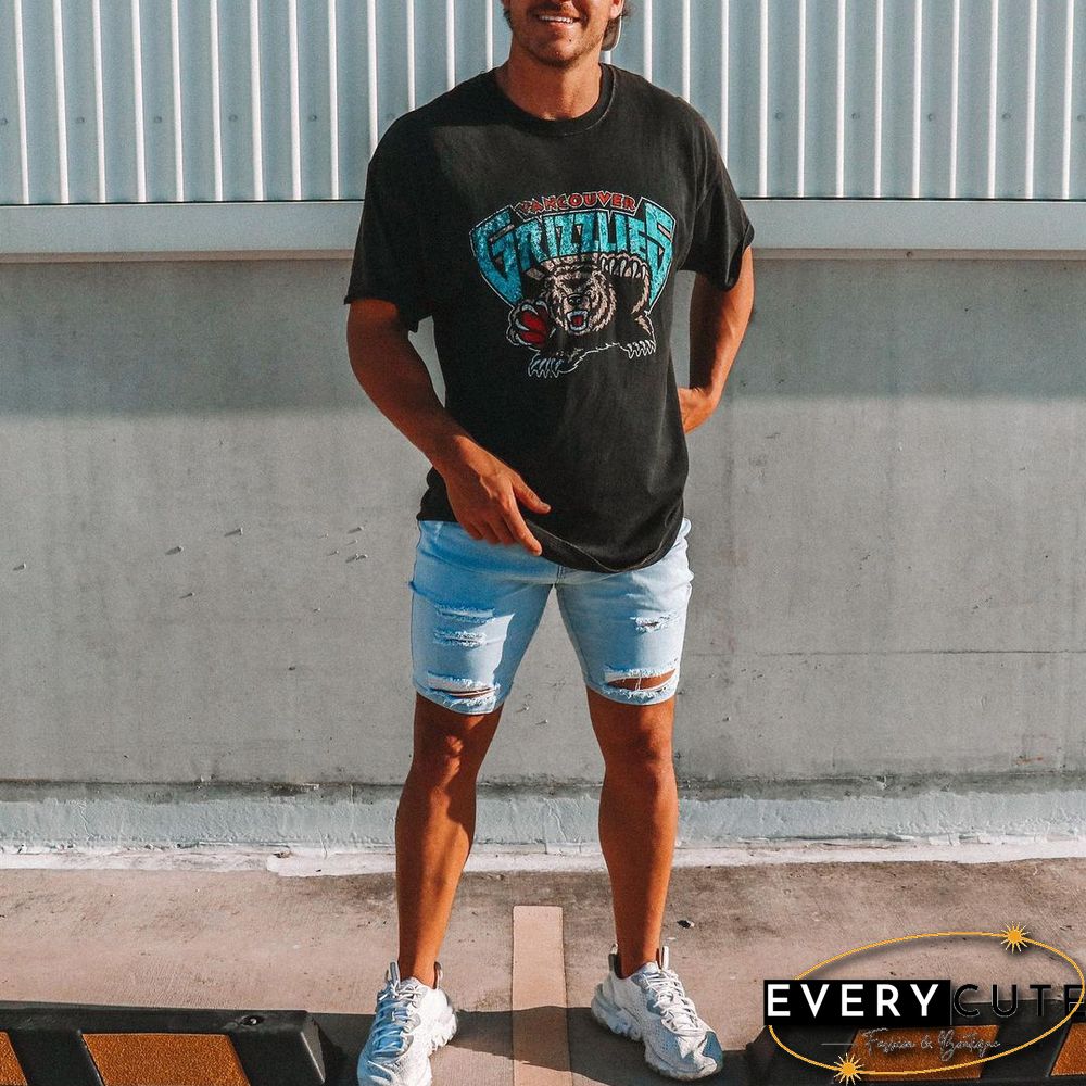 Mens Vintage Round Neck Printed Short-Sleeved T-Shirts