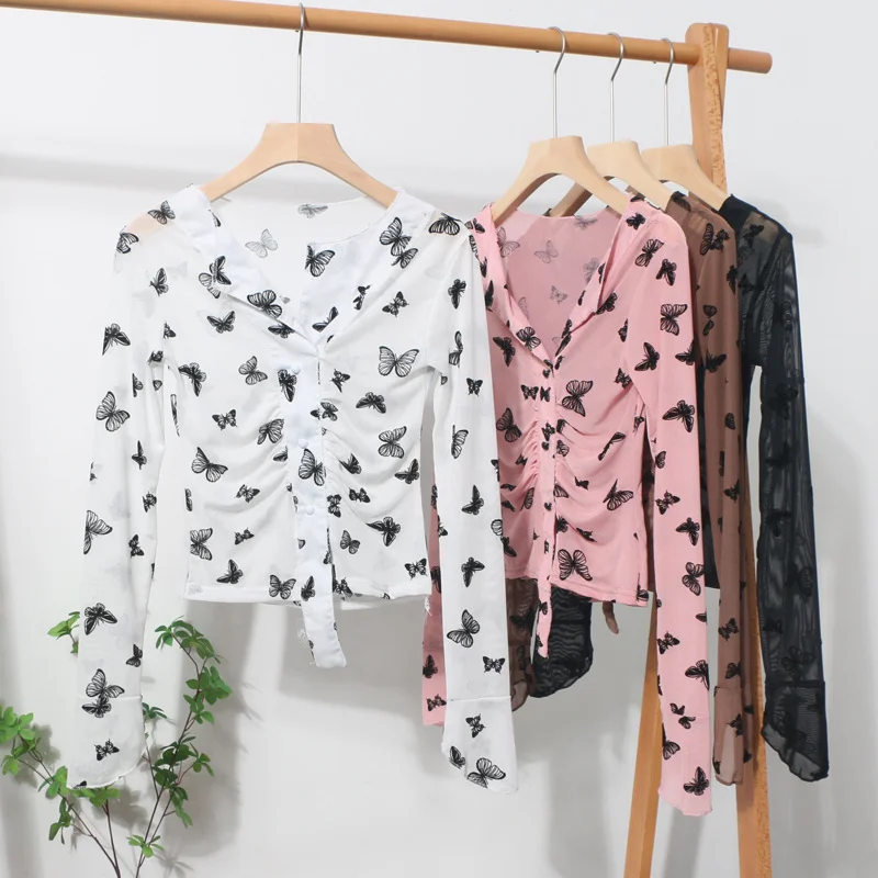 Uveng Pink V-Neck Velvet Bow Single Buckle Buckle Coat On The Head Short Long-Sleeved Mesh T-Shirt 8900