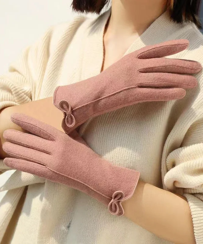 New Korean Version Pink Bow Woolen Thick Warm Gloves