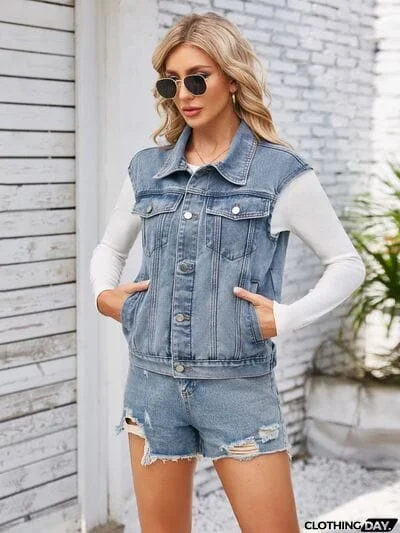 Button Up Cap Sleeve Denim Jacket