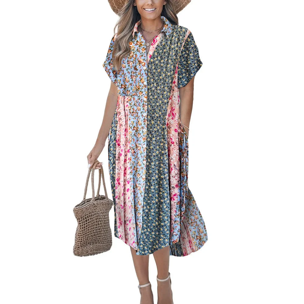 Women Casual Loose Dress with Pockets in Pattern Floral, Blue, Pink, Patchwork, 