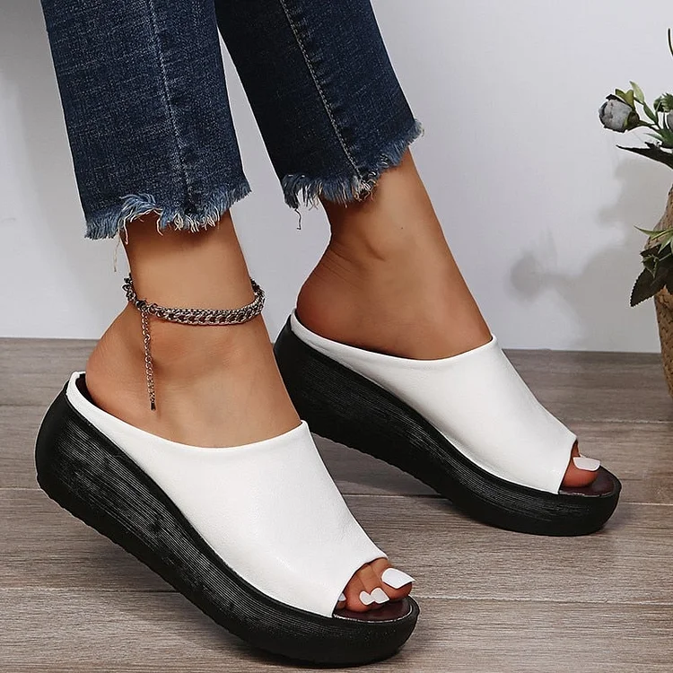 Ladies Leather Sole Slippers Wedge Slide Sandals